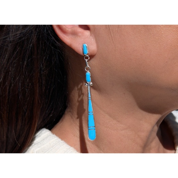 SouthWestArtisans Jewelry - Zuni Dangle Earrings Signed Genuine Native Amer Jewelry Turquoise ***